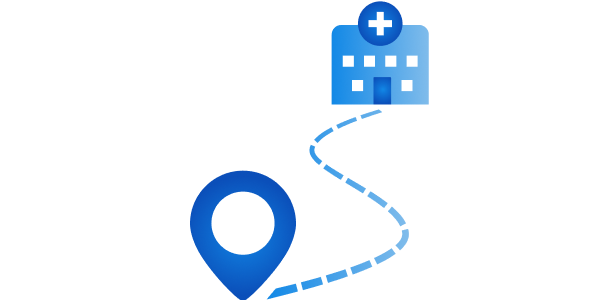 A blue hospital building with plus sign mapping out destination