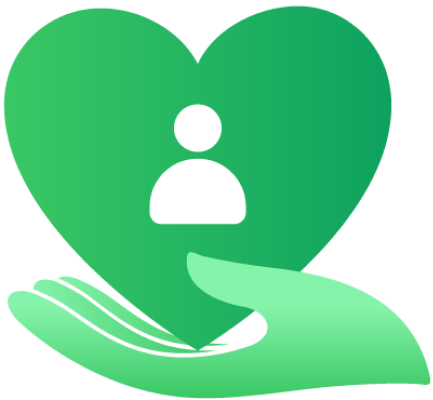 Green hand holding a green heart with person representing talking about your whole hemophilia experience