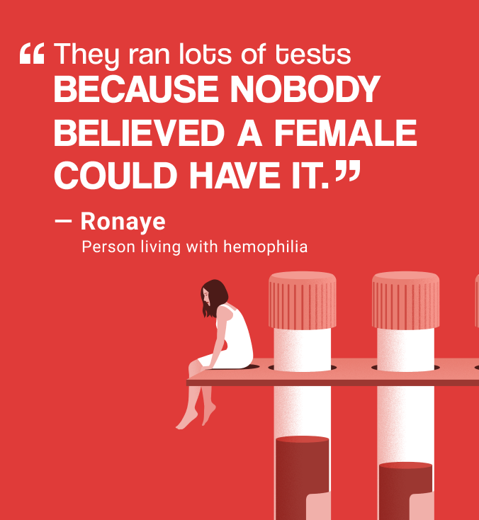 A person with hemophilia in a red background with text "They ran lots of tests because nobody believed a female could have it."