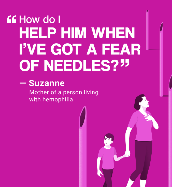 A person with hemophilia in a pink background with text "How do I help him when I've got a fear of needles?"
